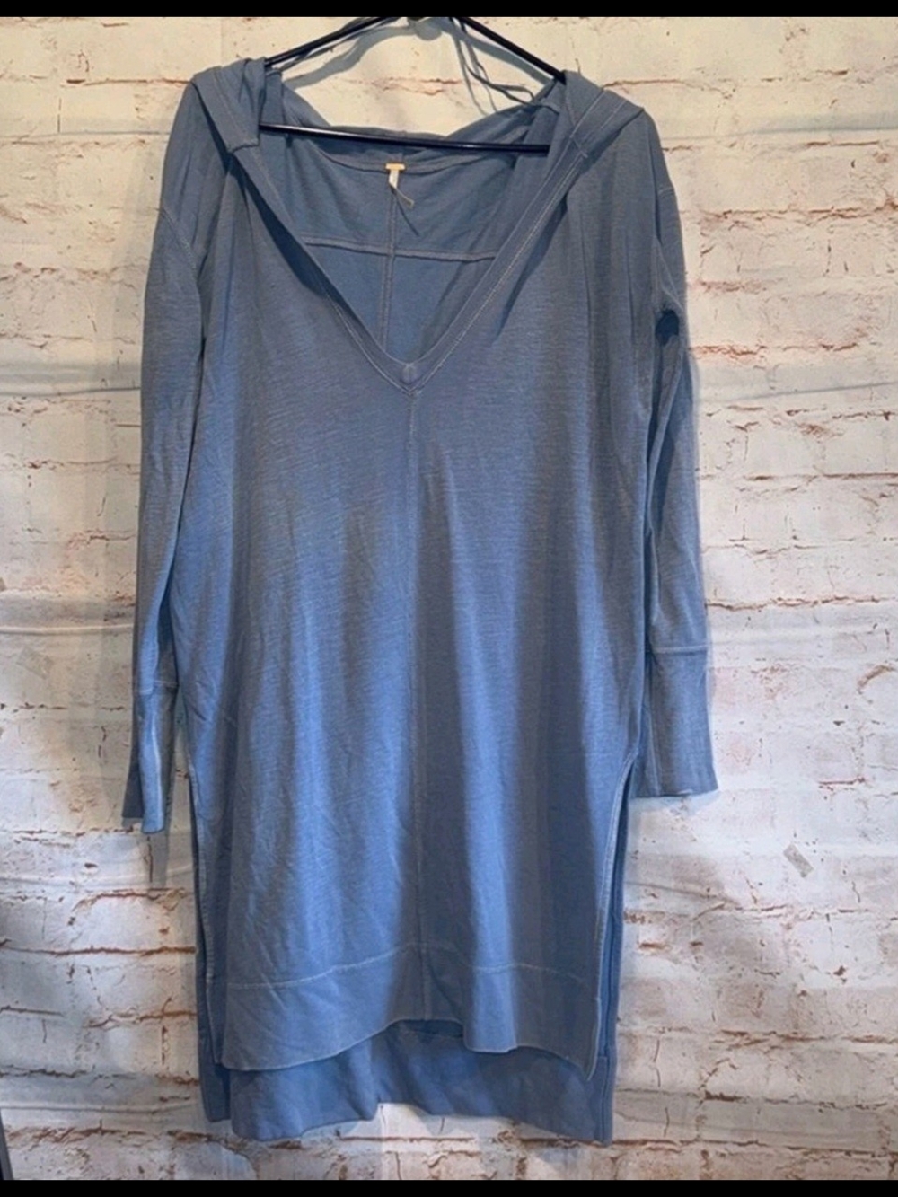Free People Terry Hooded Sweat, V Neckline Dusty Blue Shirt Dress. Size M